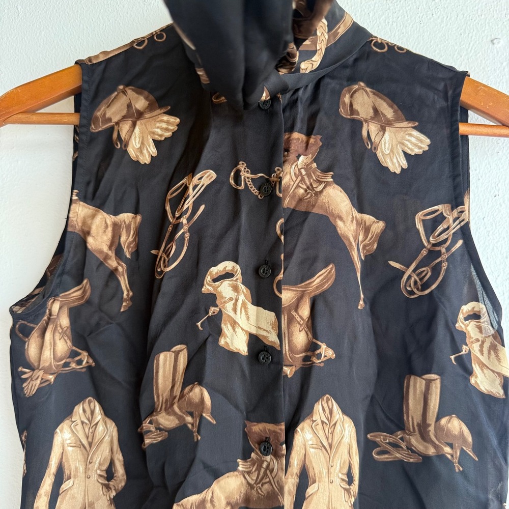Lauren Ralph Lauren Black Silk Equestrian Horse Print Tie Neck Sleeveless Blouse - Picture 11 of 15